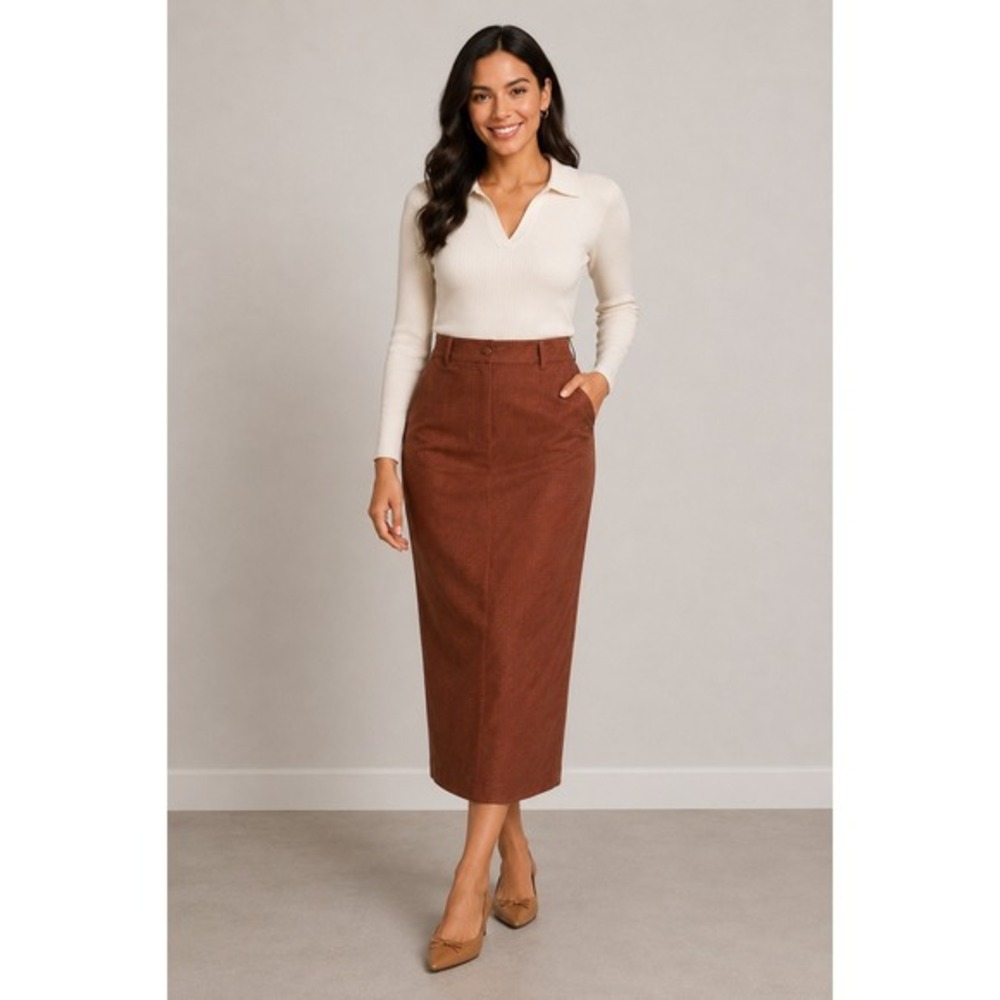 Max & Mabel Rust Brown Textured Midi Skirt Pockets Toggle Button Size M